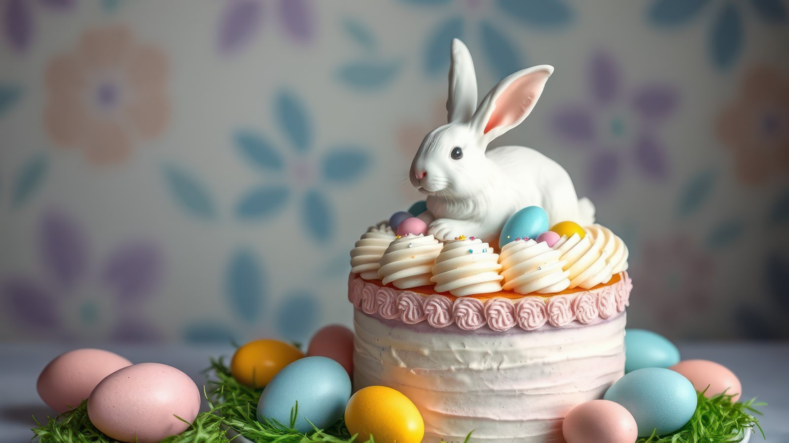 Colorful Easter cake decorated with a rabbit and pastel eggs on a floral background